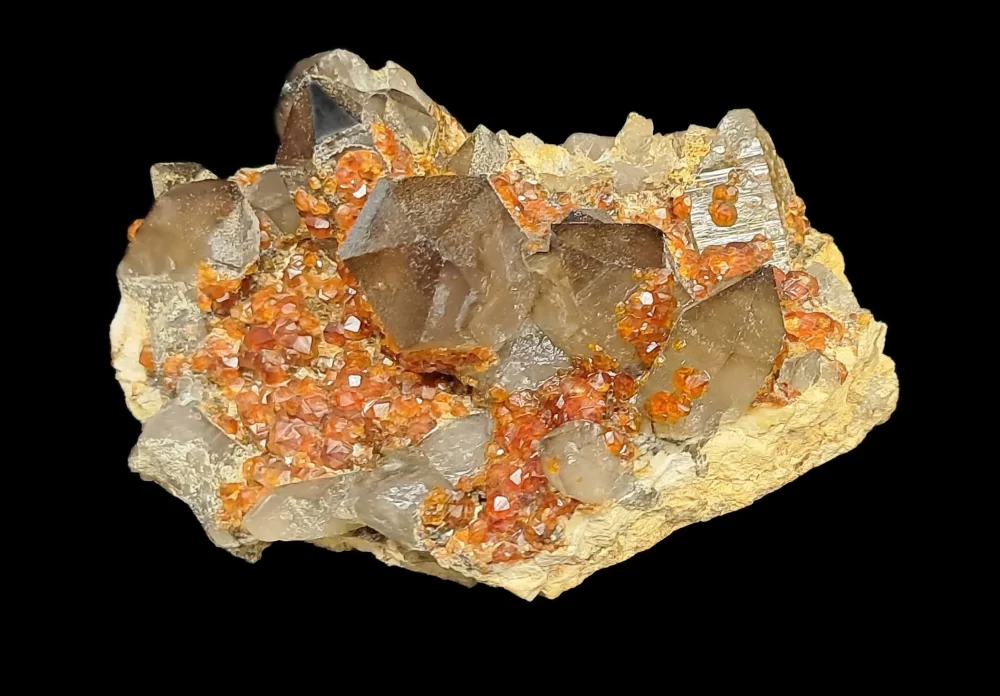 Spessartite on Smokey Quartz